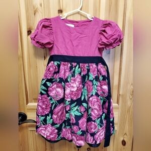 VINTAGE PLUM PUDDING LTD GIRLS DRESS NAVY BLUE PINK FLOWERS FULL SWIRLY SKIRT 6X